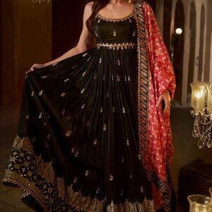 Black and Gold Gown with Red Dupatta